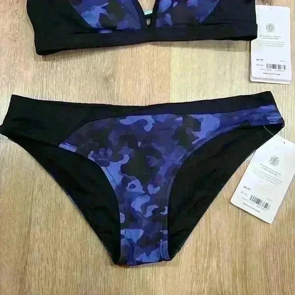 Athleta freestyle camo bikini swimsuit top and bottom blue black print - Picture 3 of 6